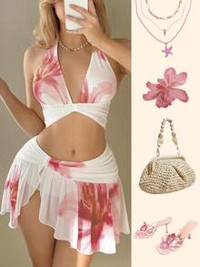 SHEIN ICON 女士Y2K度假风外出印花露脐吊带上衣和低腰印花迷你裙套装，夏威夷伊比沙岛穿搭 - 彩色 - 查看 7