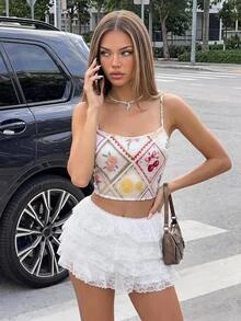 SHEIN ICON Summer Boho Cute Floral Satin Glitter Holiday Beach Fruit & Flower Print Cropped Cami Top - Multicolor - View 1