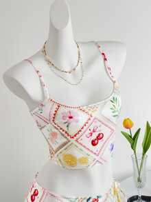 SHEIN ICON Summer Boho Cute Floral Satin Glitter Holiday Beach Fruit & Flower Print Cropped Cami Top - Multicolor - View 3