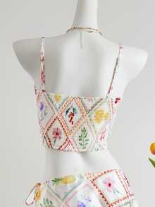 SHEIN ICON Summer Boho Cute Floral Satin Glitter Holiday Beach Fruit & Flower Print Cropped Cami Top - Multicolor - View 4