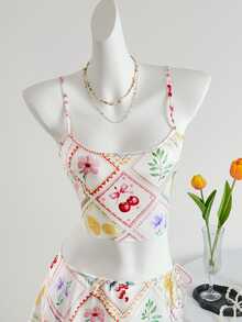 SHEIN ICON Summer Boho Cute Floral Satin Glitter Holiday Beach Fruit & Flower Print Cropped Cami Top - Multicolor - View 11