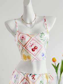 SHEIN ICON Summer Boho Cute Floral Satin Glitter Holiday Beach Fruit & Flower Print Cropped Cami Top - Multicolor - View 13