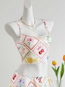 SHEIN ICON Summer Boho Cute Floral Satin Glitter Holiday Beach Fruit & Flower Print Cropped Cami Top - Multicolor - View 12