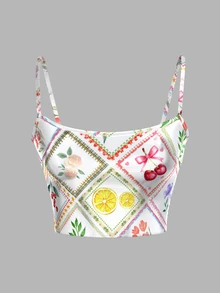 SHEIN ICON Summer Boho Cute Floral Satin Glitter Holiday Beach Fruit & Flower Print Cropped Cami Top - Multicolor - View 14