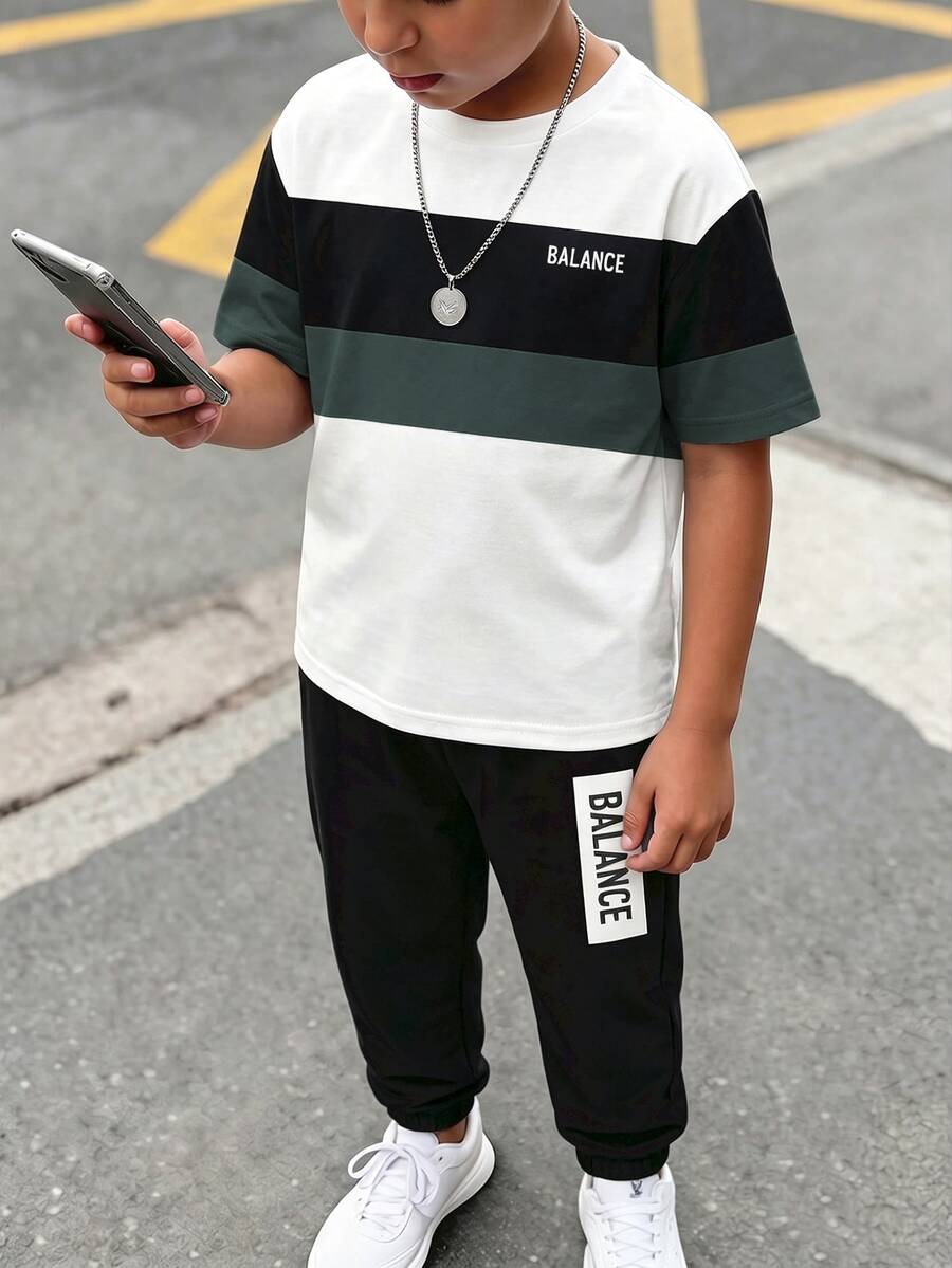 青少年男孩條紋拼色短袖T恤與字母印花長褲套裝 - 彩色 - 查看 1