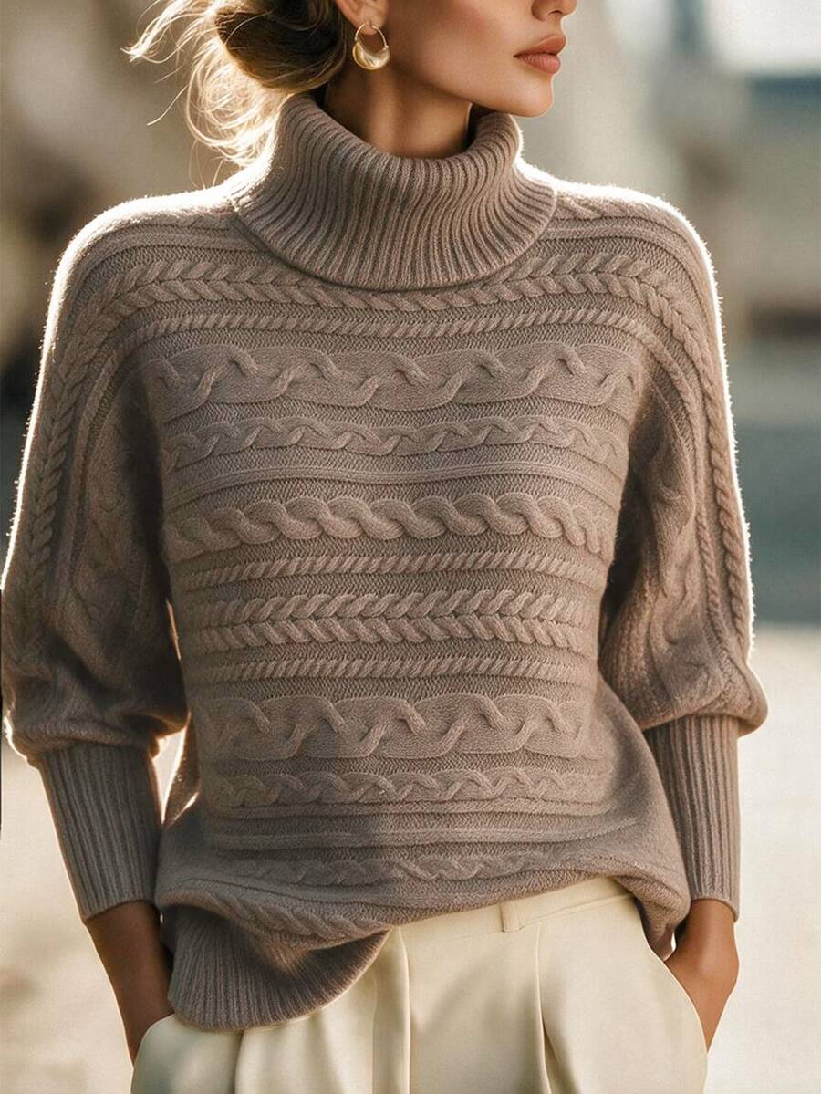SHEIN Taupe Slouchy Turtleneck Cable Knit Sweater For Women Everyday Going Out Autumn Casual - Mocha Brown - View 1