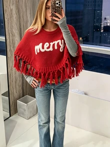 SHEIN Red Merry Letter Fringe Knit Poncho, Christmas Short Cape Sweater - Red - View 4