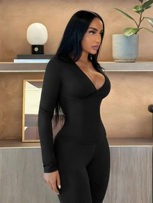 SHEIN SXY Women's Solid Color Casual Versatile Long Sleeve T-Shirt For Daily Wear - Black - View 5