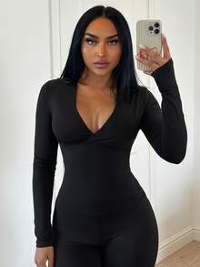 SHEIN SXY Women's Solid Color Casual Versatile Long Sleeve T-Shirt For Daily Wear - Black - View 1
