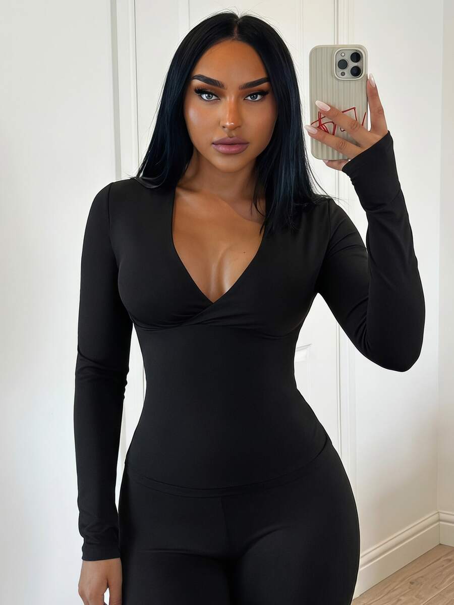 SHEIN SXY Women's Solid Color Casual Versatile Long Sleeve T-Shirt For Daily Wear - Black - View 1