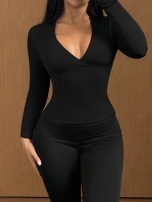 SHEIN SXY Women's Solid Color Casual Versatile Long Sleeve T-Shirt For Daily Wear - Black - View 3