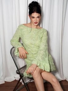 SHEIN ICON فستان نسائي أخضر بأكمام طويلة وظهر مكشوف، فستان مطرز أنيق وجريء، مناسب للحفلات والارتداء اليومي، أنيق وجذاب، للتنقل والمواعدة - أخضر - مشاهدة 6