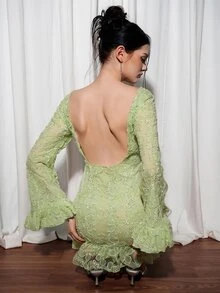 SHEIN ICON فستان نسائي أخضر بأكمام طويلة وظهر مكشوف، فستان مطرز أنيق وجريء، مناسب للحفلات والارتداء اليومي، أنيق وجذاب، للتنقل والمواعدة - أخضر - مشاهدة 2