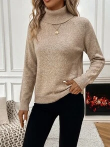 SHEIN Autumn/Winter Casual Versatile Turtleneck Sweater - Khaki - View 5