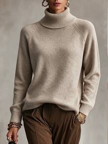 SHEIN Autumn/Winter Casual Versatile Turtleneck Sweater - Khaki - View 8