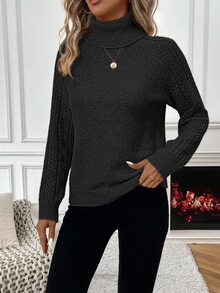 SHEIN 女款素色高領插肩袖長袖休閒套頭毛衣 - 寶藍色 - 查看 5