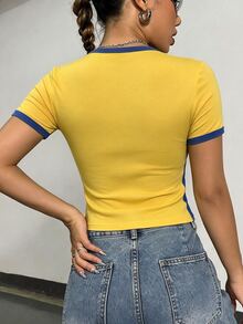 INAWLY Áo thun tay ngắn họa tiết khối màu chữ Graphic Tees dành cho nữ - Màu vàng - Xem 2