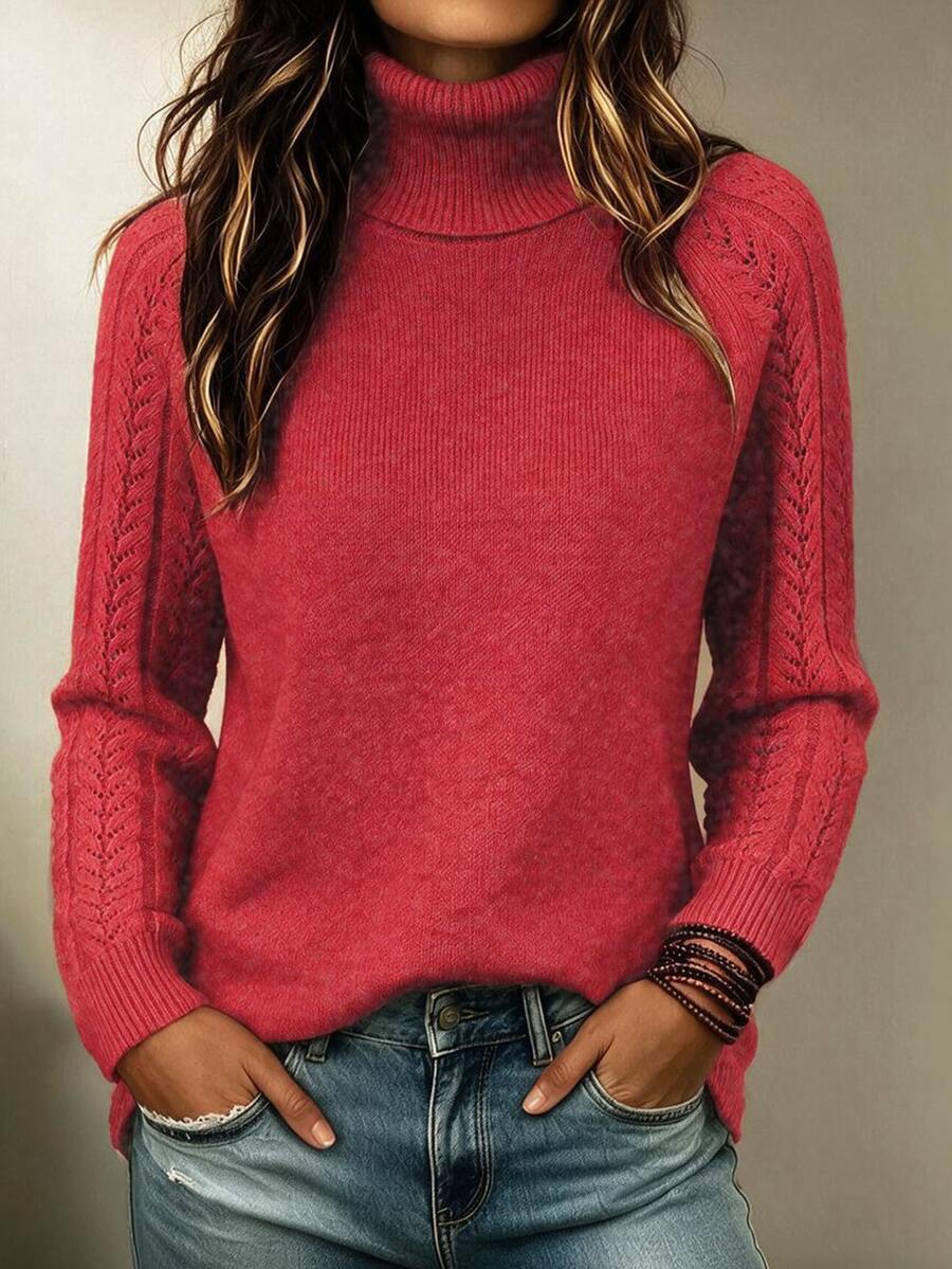 SHEIN LUNE Women's Casual Daily Commute Simple Solid Color High Neck Pointelle Knit Raglan Sleeve Pullover Sweater, Autumn/Winter, Christmas - Red - View 1