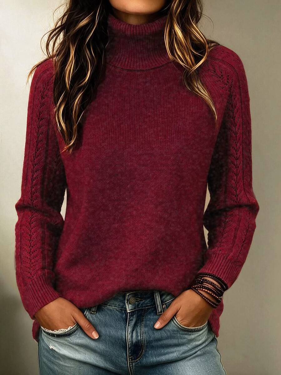 SHEIN Solid Color High Neck Casual Versatile Long Sleeve Pullover Sweater, Long Sleeve Top Knit Pullover Fall Winter - Burgundy - View 1