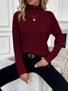 SHEIN Solid Color High Neck Casual Versatile Long Sleeve Pullover Sweater, Long Sleeve Top Knit Pullover Fall Winter - Burgundy - View 5