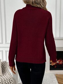 SHEIN Solid Color High Neck Casual Versatile Long Sleeve Pullover Sweater, Long Sleeve Top Knit Pullover Fall Winter - Burgundy - View 2