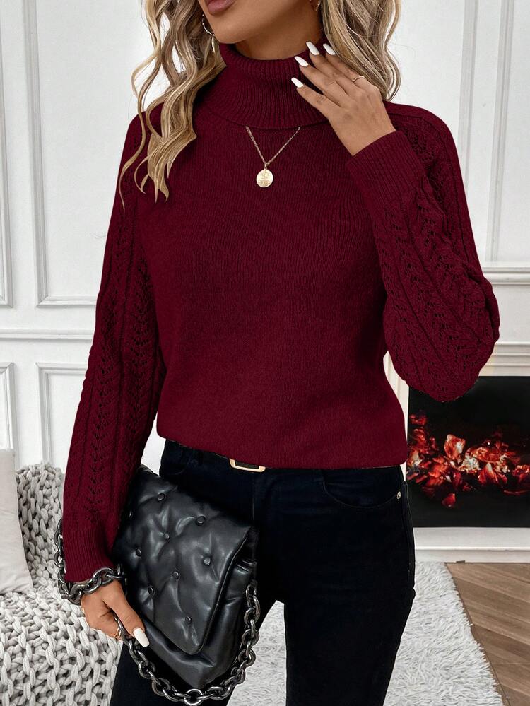 SHEIN Solid Color High Neck Casual Versatile Long Sleeve Pullover Sweater, Long Sleeve Top Knit Pullover Fall Winter - Burgundy - View 3