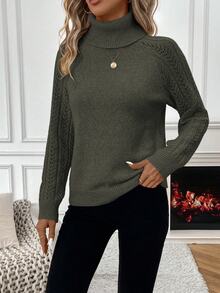 SHEIN Solid Color Casual Turtleneck Long Sleeve Pullover Sweater Knit Pullover Fall Winter - Army Green - View 4