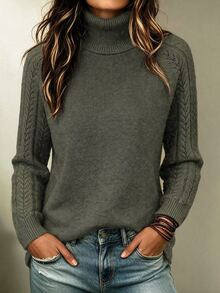 SHEIN Solid Color Casual Turtleneck Long Sleeve Pullover Sweater Knit Pullover Fall Winter - Army Green - View 1
