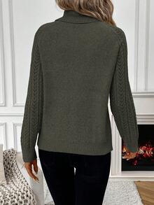 SHEIN Solid Color Casual Turtleneck Long Sleeve Pullover Sweater Knit Pullover Fall Winter - Army Green - View 2