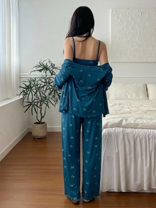 DAZY 3-Piece Bow Pattern All-Over Print Cardigan, Cami Top And Long Pants Women's Pajama Set Fall - Blue - View 2
