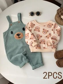 SHEIN 2pcs/Set Baby Boy Baby Girl Autumn/Winter Cartoon Bear Pattern Knitted Soft Crew Neck Long Sleeve Pullover Sweatshirt & Overalls Long Pants Cute Outfit Set, Sweatshirt Set, Overalls Set, Infant Outfit - Multicolor - View 3