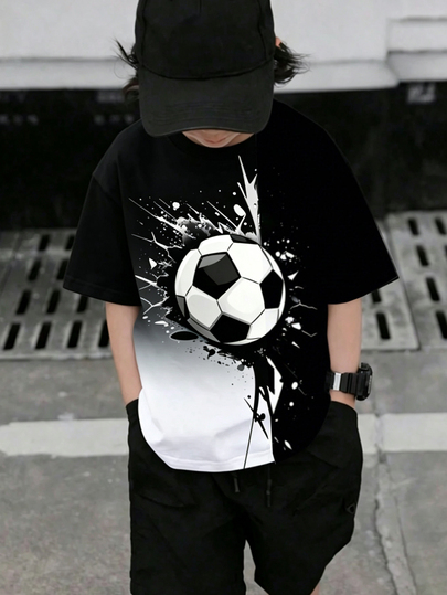 Little Boys Split‑Color Soccer‑Splash‑Graphic Short‑Sleeve Tee & Solid Black Shorts 2‑Piece Sporty Cool Casual Outfit