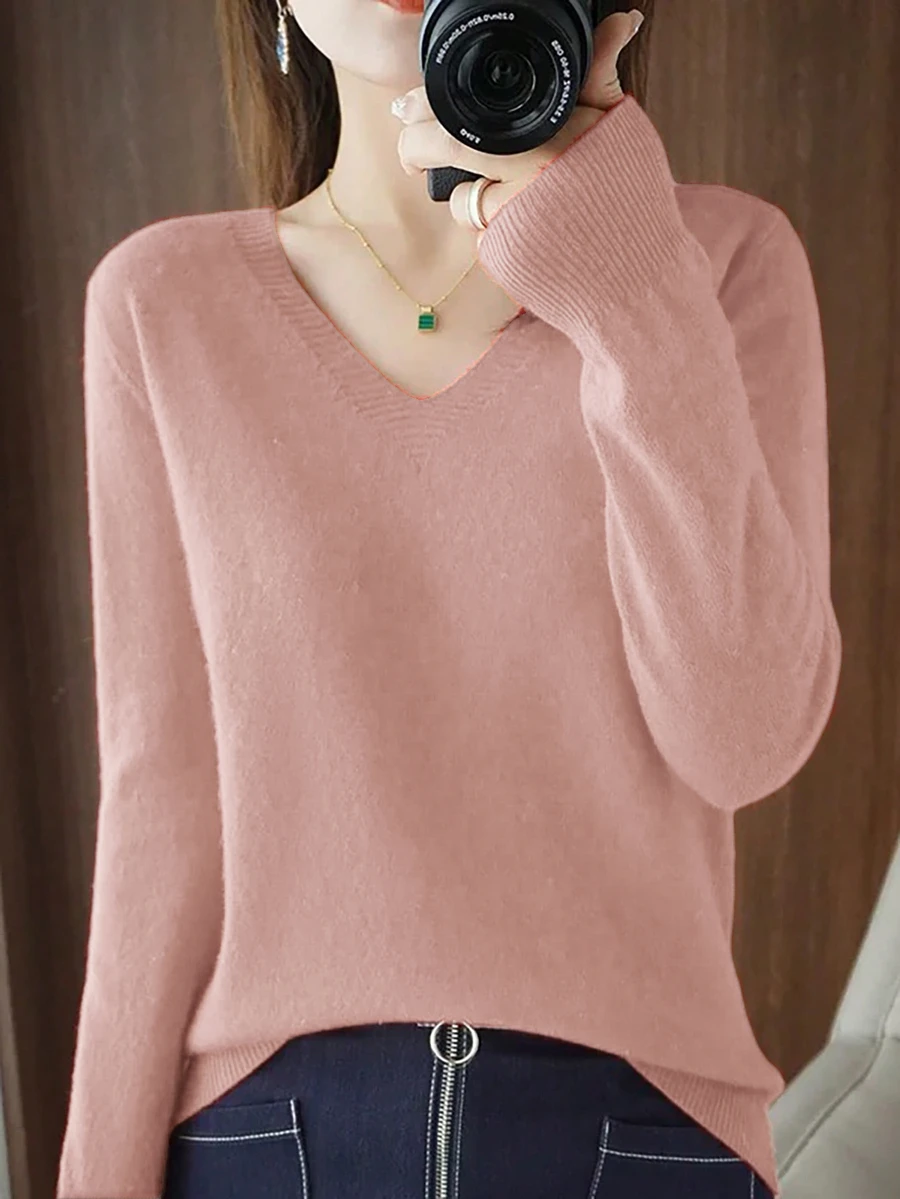 EMERY ROSE Women's V-Neck Pullover Sweater, White Top Knit Pullover Fall Winter Sweater - Pink - View 1