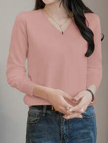 EMERY ROSE Women's V-Neck Pullover Sweater, White Top Knit Pullover Fall Winter Sweater - Pink - View 7
