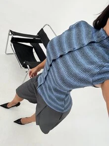 Shopreo 女士休闲条纹 Polo 领短袖前扣 T 恤 - 藍色 - 查看 5