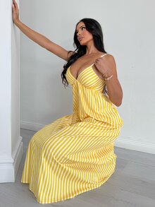 Shopreo 女士条纹露背吊带连衣裙 - 鵝黃色 - 查看 3