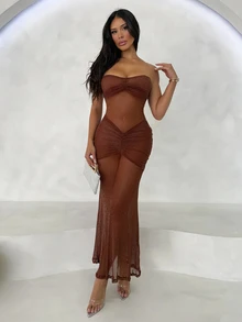 Shopreo 女士性感优雅独特咖啡棕色亮面网纱连衣裙，修身美人鱼连衣裙，长款连衣裙，海岛度假连衣裙，沙滩连衣裙 - 咖啡棕 - 查看 3