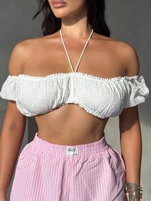 Shopreo 女款度假花卉刺繡前綁帶露肩短版時尚上衣，夏季可愛沙灘風，白色 - 白色 - 查看 6