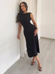 Shopreo 女士褶裥腰连衣裙，深V露背连衣裙，性感优雅的办公室连衣裙，度假连衣裙，时尚独特，通勤装，优雅，性感，度假，海滩，夏威夷，婚礼季，毕业典礼连衣裙，女士正式舞会礼服，女士鸡尾酒会连衣裙，垂褶领口，女士生日连衣裙，女士婚纱，露背连衣裙 - 黑色 - 查看 1