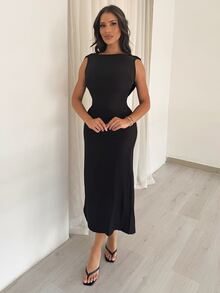Shopreo 女士褶裥腰连衣裙，深V露背连衣裙，性感优雅的办公室连衣裙，度假连衣裙，时尚独特，通勤装，优雅，性感，度假，海滩，夏威夷，婚礼季，毕业典礼连衣裙，女士正式舞会礼服，女士鸡尾酒会连衣裙，垂褶领口，女士生日连衣裙，女士婚纱，露背连衣裙 - 黑色 - 查看 3