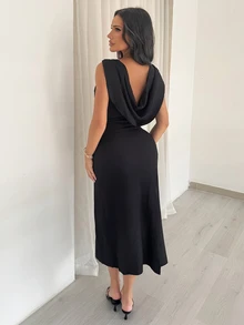 Shopreo 女士褶裥腰连衣裙，深V露背连衣裙，性感优雅的办公室连衣裙，度假连衣裙，时尚独特，通勤装，优雅，性感，度假，海滩，夏威夷，婚礼季，毕业典礼连衣裙，女士正式舞会礼服，女士鸡尾酒会连衣裙，垂褶领口，女士生日连衣裙，女士婚纱，露背连衣裙 - 黑色 - 查看 2