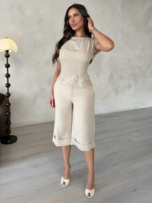 Shopreo 蕾丝拼接上衣，露背上衣，休闲女式上衣，舒适夏季上衣，优雅女士上衣 - 杏色 - 查看 3