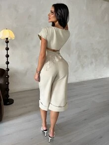 Shopreo 蕾丝拼接上衣，露背上衣，休闲女式上衣，舒适夏季上衣，优雅女士上衣 - 杏色 - 查看 4