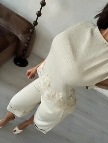 Shopreo 蕾丝拼接上衣，露背上衣，休闲女式上衣，舒适夏季上衣，优雅女士上衣 - 杏色 - 查看 6