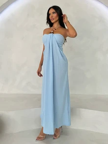 Shopreo 女士度假串珠连衣裙 - 淺藍色 - 查看 4