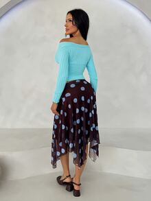 Shopreo 女士波点印花不对称下摆半身裙 - 棕色 - 查看 3