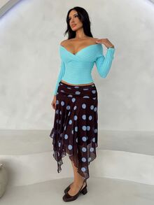 Shopreo 女士波点印花不对称下摆半身裙 - 棕色 - 查看 5