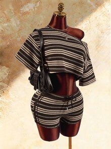 Amplova 女款棕色條紋拼接不對稱單肩上衣與短褲休閒性感日常兩件套，適合度假、白天、夏季、夜晚外出、夜店、海灘 - 卡其色 - 查看 3
