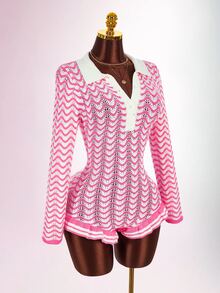 Amplova Contrast Color Striped Shirt Collar Long Sleeve Ruffle Button Women's Wavy Knit Crochet Handmade Jumpsuit, Suitable For Home, Date, Daily Wear In Autumn/Winter - Pink - View 3