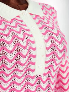Amplova Contrast Color Striped Shirt Collar Long Sleeve Ruffle Button Women's Wavy Knit Crochet Handmade Jumpsuit, Suitable For Home, Date, Daily Wear In Autumn/Winter - Pink - View 6